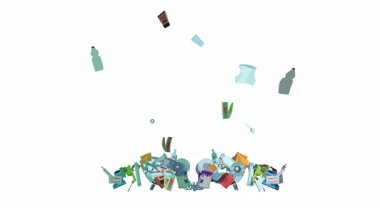 Beyaz bir arkaplanda, kirliliği, aşırı tüketimi ve çevresel sorunları sembolize eden karışık atık yığınına düşen canlandırılmış çöp parçaları.