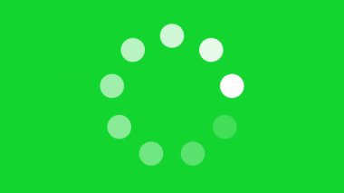 Canlı yeşil arkaplanda dönen noktalarla dairesel yükleme animasyonu, tamponlamayı, beklemeyi ya da işlemeyi basit bir dijital stilde sembolize eder.