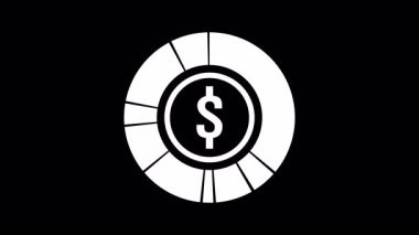 Merkezinde cesur bir dolar işareti olan beyaz kumarhane fişi, siyah arka planda izole edilmiş, kumar, bahis, finans ve oyun animasyonları için mükemmel..