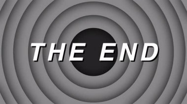 Klasik çizgi film stili The End başlığı, klasik animasyon sonlarını çağrıştıran, gri ölçekli eş merkezli daire arka plan, nostaljik, sinematik veya parodi tasarım temaları için idealdir.