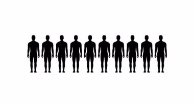 Temiz beyaz bir arkaplan üzerinde düz bir çizgide eşit aralıklarla duran on siyah erkek silueti. Bilgi grafikleri, demografik görseller ya da kavramsal insan simgeleri için mükemmel.
