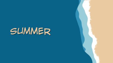 Minimalist yaz temalı arka plan, mavi okyanus dalgaları, kum ve kalın yazlık metin. Seyahat, tatil ya da sezonluk tanıtım için birebir..