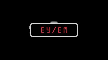 Düz stil dijital alarm saati siyah ekranda kırmızı LED metin içinde EY EM, teknoloji, zaman veya kimlik teması için modern minimal tasarım