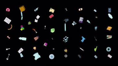 Organik, plastik, kağıt, metal ve zararlı maddeler gibi çeşitli atık türlerinin ayrımcılığı siyah arkaplan üzerine dağılmış durumda.