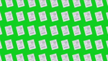Canlı yeşil bir arkaplan üzerinde çapraz düzenlenmiş tekrarlanan kağıt belgelerin kusursuz animasyonu, ofis, yönetim veya veri temalı hareket tasarımı için ideal