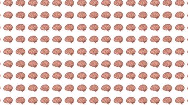 Zeka, sinir bilimi, eğitim veya psikoloji kavramlarını temsil eden, beyaz bir arkaplanda eşit olarak düzenlenmiş, kusursuz insan beyni çizimleri deseni