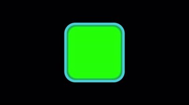 Siyah arka planda parlayan mavi neon kenarlı parlak yeşil kare düğme. Dijital veya oyun arayüzü tasarımları için basit UI ögesi.