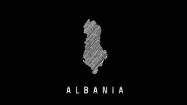 Arnavutluk 'un tebeşir tipografisinde ülke adı bulunan siyah bir arkaplan üzerindeki minimalist eskiz tarzı haritası. Coğrafi veya eğitici temalar için uygundur.
