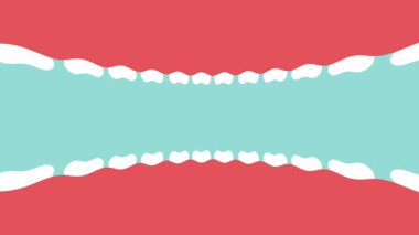 Ağız içinden diş fırçasının dişlerini temizlediğini gösteren basit bir diş animasyonu, beyaz dişleri ve pembe diş etleri olan düz bir sağlık çizimi.