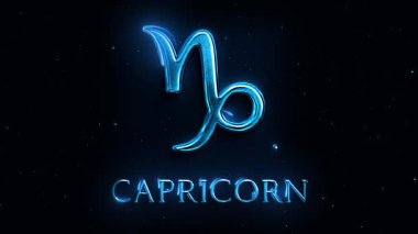 Koyu yıldızlı arka planda metalik etkisi olan mavi parlak Oğlak burcu sembolü. Yıldız falı ya da mistik temalı içerik için astroloji işareti.