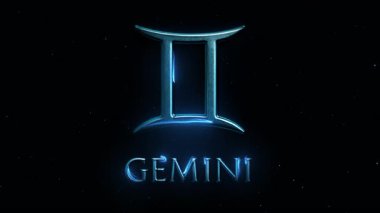 Yıldızlı gece arka planında metalik parlaklığı olan parlak mavi Gemini burcu sembolü. Yıldız falı ya da uzay teması için mükemmel bir mistik astroloji tasarımı.