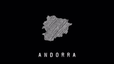Siyah arka planda Andorra 'nın elle çizilmiş taslak çizimi. Haritalar, bilgi grafikleri ve eğitim içeriği için minimalist beyaz çevre çizgisi ideali.