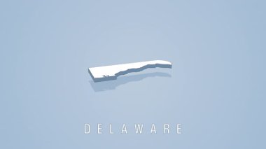 Açık mavi zemin üzerinde stilize kıyıları, gölgesi ve adı olan Delaware 'in 3B haritası