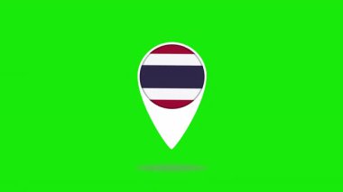 Harita iğne simgesi Tayland ulusal bayrağı ile kırmızı, beyaz ve mavi yatay çizgileri parlak yeşil arka planda beyaz bir işaretçi