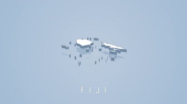 Fiji 'nin üç boyutlu haritasında açık mavi arka plan ve aşağıdaki ülke adı üzerinde gölge etkisi olan birden fazla ada silueti yer almaktadır.