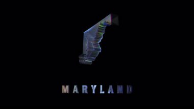Maryland eyaletinin 3 boyutlu silueti, bozulma ve parlayan renk kenarlı, koyu arkaplanda metalik etiketli.