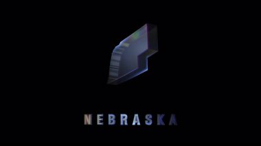 Nebraska 'nın krom kenarları ve yumuşak parıltısıyla stilize edilmiş üç boyutlu şekli, altında kalın metalik etiket bulunan siyah arkaplanda sergileniyor.