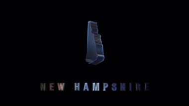 New Hampshire 'ın 3 boyutlu silueti. Kromatik parlaklık ve arıza bozulması. Koyu arkaplan üzerine koyu renkli yazılar çizilmiş.