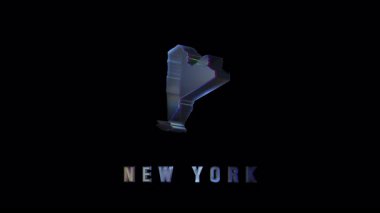 Metalik etiketli koyu arkaplanda gösterilen dijital hata efekti ve parıldayan konturla stilize New York eyaleti şekli