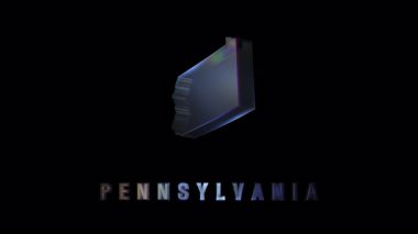 Pensilvanya eyaletinin 3 boyutlu silueti. Yumuşak kenarları ve koyu arkaplanda dijital krom etiketi var. Soyut çizim tarzıyla sunuluyor.