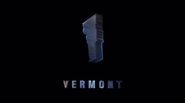 Kromatik hata efekti ve parıldayan ana hatlarıyla stilize edilmiş Vermont durumu şekli, metalik etiketli siyah arkaplan üzerine kurulmuş