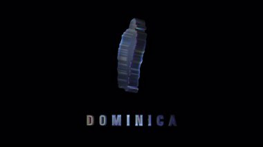 Dominica 'nın parlak kenarları ve pürüzsüz gradyan ışıklandırması, fütürist kartografik tarzda siyah arkaplan üzerinde süzülüyor.