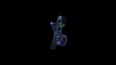 Gökkuşağı yansımalı şeffaf parlayan maddeden yapılmış üç boyutlu makas. Karanlık uzayda izole edilmiş yüksek teknoloji sembolü, UI veya dijital tasarım için mükemmel.