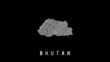 Bhutan 'ın çizilmiş haritası çapraz kalem benzeri çizgilerle çizilmiş, karatahta tarzı bir görünüm veriyor. Tasarım kullanımı için koyu arkaplan üzerinde minimalist beyaz siluet.