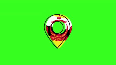 Stylized pin icon shaped as a location marker featuring the national flag of Brunei. The vivid green backdrop highlights the symbol of the Southeast Asian country.