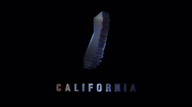 Karanlık arka planda krom benzeri parlaklığı olan Kaliforniya 'nın stilize edilmiş silueti, fütürist harita görselleri, ABD coğrafi tasarımları ve dijital arayüz elementleri için ideal