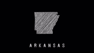 Arkansas eyaletinin siyah bir tuval üzerine beyaz karalama çizimi, öğrenme materyalleri veya minimalist harita görselleri için kaba, elle çizilmiş bir stil sunar