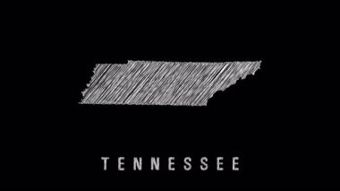 Siyah arkaplanda kaba çizim çizgileri olan Tennessee eyaletinin el çizimi beyaz silueti, yaratıcı harita çizimleri veya eğitim kaynakları için ideal