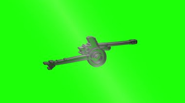 Yeşil zemin üzerinde askeri havan topunun stilize edilmiş silueti. Detaylı tasarım ve fütüristik yansıtıcı yüzey içeren siyah topçu simgesi.