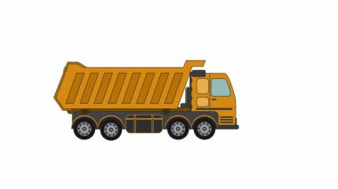 Altı tekerli ve siyah şaseli, inşaat ve ağır taşıma çizimleri için kullanılan endüstriyel turuncu damperli bir kamyonun detaylı yan görüntüsü..