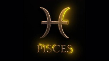 Zarif Balık burcu simgesi altın sarısı parlaklığında, siyah arka planda parlayan, mistisizmi, astrolojiyi ve kozmik bağlantıyı simgeleyen.