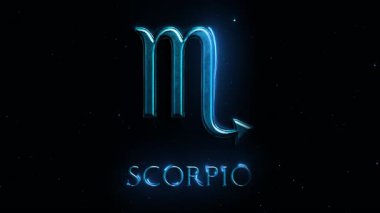 Koyu mavi yıldızlı arka planda parlak mavi Akrep burcu sembolü. Işık efektli stilize metalik tasarım gökyüzü temalı Akrep burcunu temsil ediyor.