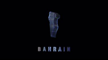 Bahreyn 'in stilize edilmiş haritası fütüristik holografik bir efektte. Ada şekli, koyu bir modern BAHRAIN etiketiyle siyah bir arkaplanda yanardöner tonda görünür..