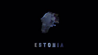 Siyah arkaplanın altında koyu büyük harflerle Estonya 'nın metalik dokusu ve ülke ismiyle biçimlendirilmiş koyu 3D harita şekli.