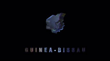 Adaları da dahil olmak üzere Gine-Bissau 'nun üç boyutlu silüeti, metalik dokusu ve ülke adı büyük harflerle aşağıda, siyah bir arkaplan üzerine kuruludur..