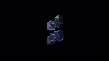 Siyah zemin üzerinde parıltılı şeffaf bir efektle yukarı, aşağı, sola ve sağa bakan dört boyutlu oklardan oluşan bir set. Navigasyon veya yön kavramları için modern soyut tasarım.