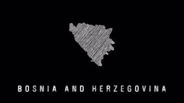 Bosna-Hersek 'in eskiz stili haritasını siyah arka planda elle çizdim. Altında ülke adı yazılı minimalist özet. Kalem dokusunda coğrafi temsil.