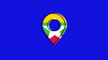 Myanmar 'ın ulusal bayrağı mavi arka planda stilize edilmiş lokasyon rozeti. Ortasında büyük beyaz yıldız olan sarı, yeşil ve kırmızı çizgiler. Seyahat veya gezinme simgesi.