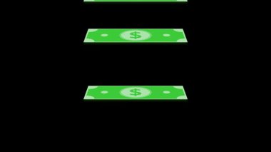 Canlandırılmış yeşil dolar yığını kara fon üzerinde büyüyen bir para yığını oluşturuyor, finansal büyüme, zenginlik artışı ve ekonomik birikimi sembolize ediyor