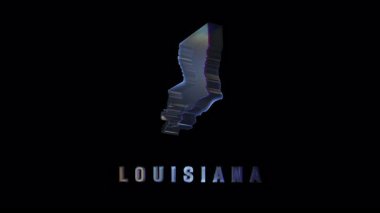 Louisiana eyaletinin fütüristik izometrik silüeti koyu arkaplan üzerinde parıltılı bir etkisi, coğrafya ve dijital haritayı temsil eden modern 3D görüntüleme
