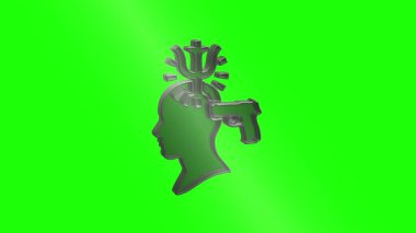 Kafasına silah doğrultulmuş bir insan profilinin yaratıcı üç boyutlu çizimi ve canlı yeşil bir zemin üzerinde soyut bir uyarı sembolü ortaya çıkıyor.