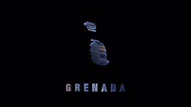 Grenadas adasının üç boyutlu biçimlendirmesi. Yanardöner dokusu ve siyah arka planda parlayan ülke adı var. Soyut veya coğrafi kullanım için tasarlandı.
