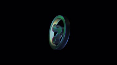 Yuvarlak kenarları ve dairesel çerçevesi içinde ince gökkuşağı parıltısı olan parlak 3D paylaşım simgesi. Siyah arkaplanda gelecekteki dijital iletişim sembolü.