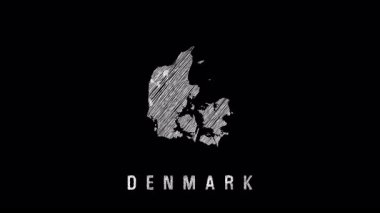Danimarka 'nın kara zemin üzerine tebeşir tarzı karalama haritası ve aşağıdaki ülke adı. Coğrafi veya eğitici görseller için en az el çizimi illüstrasyon.