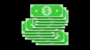 Üzerinde dolar sembolü olan bir yığın yeşil doların resmi, düz bir şekilde siyah bir arkaplana yerleştirilmiş.