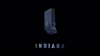 İndiana eyaletinin stilize edilmiş holografik silueti. Fütürist tarzda koyu bir arka planda dijital bozulma ve krom parlak bir görünüm.